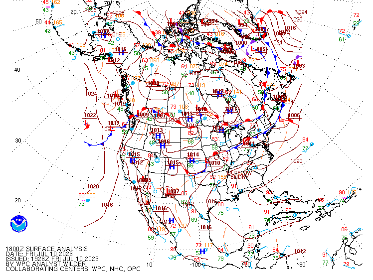 North American surface analysis with isobars, high and low centres and station plots